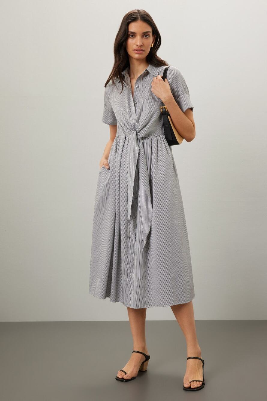 ADAM LIPPES x RTR Blue White Striped Front Button Collared Waist Tie Dress 8 - Picture 1 of 13